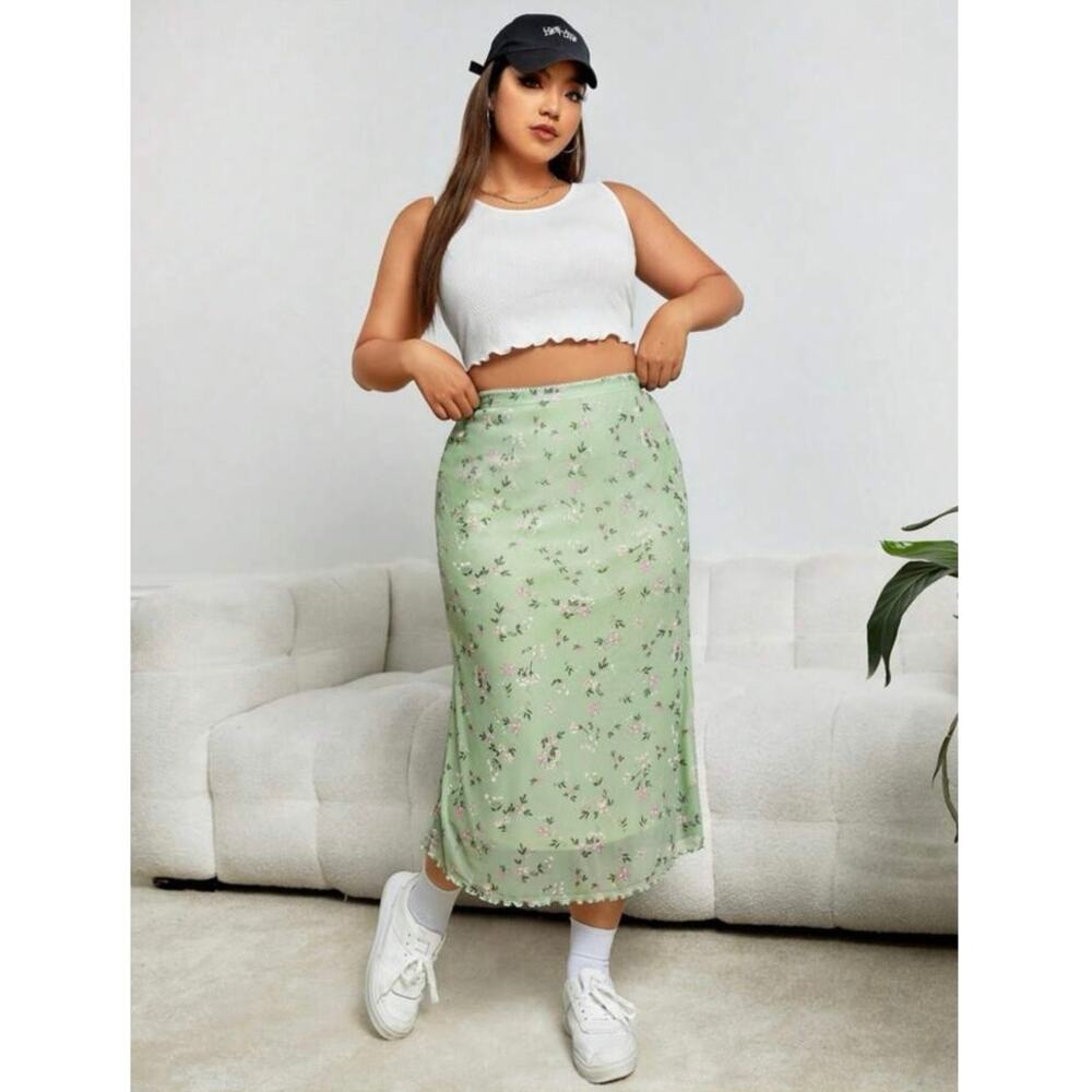 SHEIN EZwear Floral Print Lettuce Trim Mesh Skirt